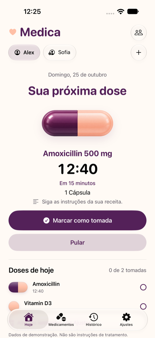Tela Hoje do Medica com a próxima dose e ações para marcar como tomada ou pular. Dados de demonstração.